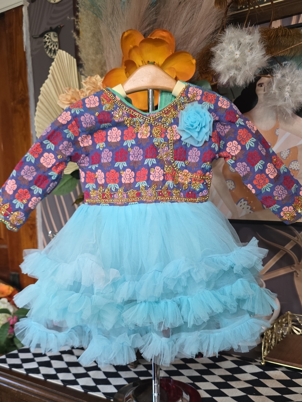 Turquoise Tulle Pageant Dress  Floral Embroidered Bodice Ooak Handmade Beaded